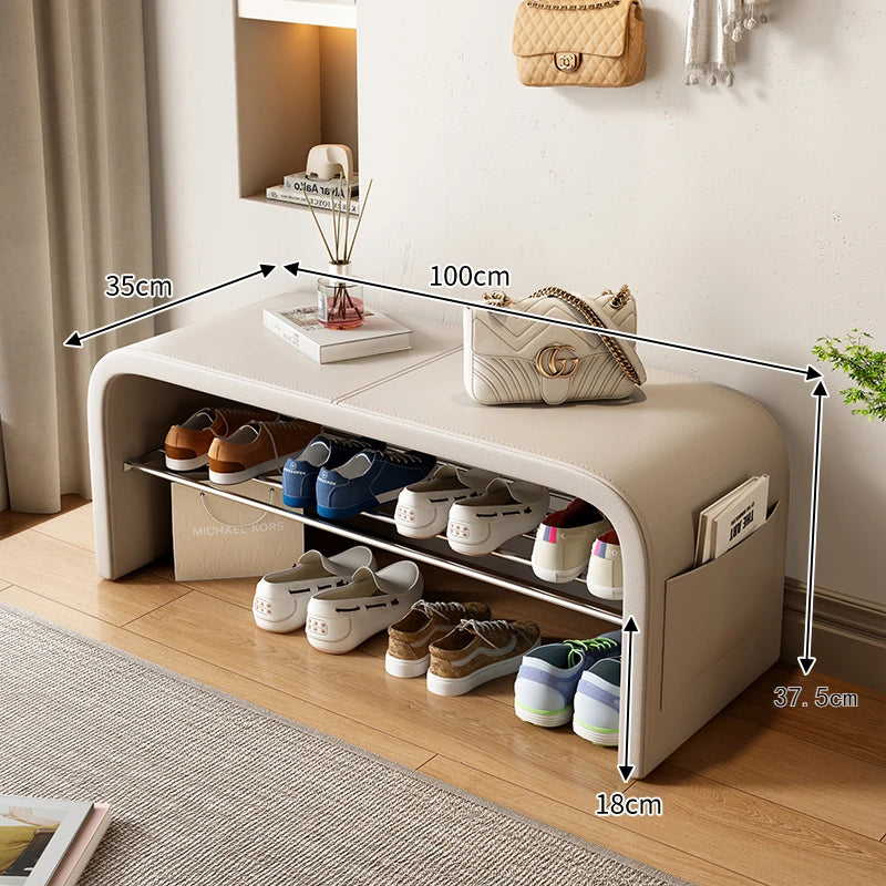 Taburete de cambio de zapatos de lujo ligero para el hogar, taburete para calzarse, zapatero, taburete integrado para el pie de cama