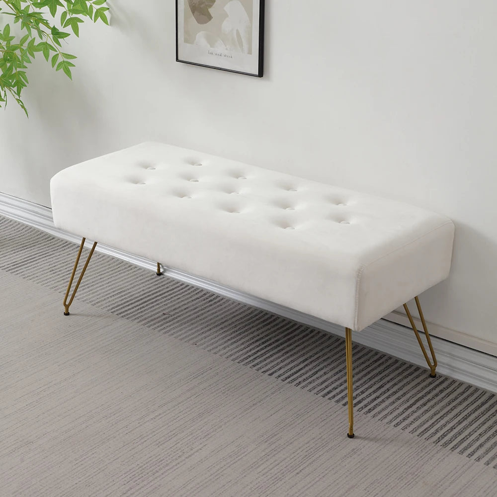 Moderno banco de entrada de terciopelo capitoné - Banco largo tapizado para zapatos con patas de metal dorado para pasillo, dormitorio, pie de cama