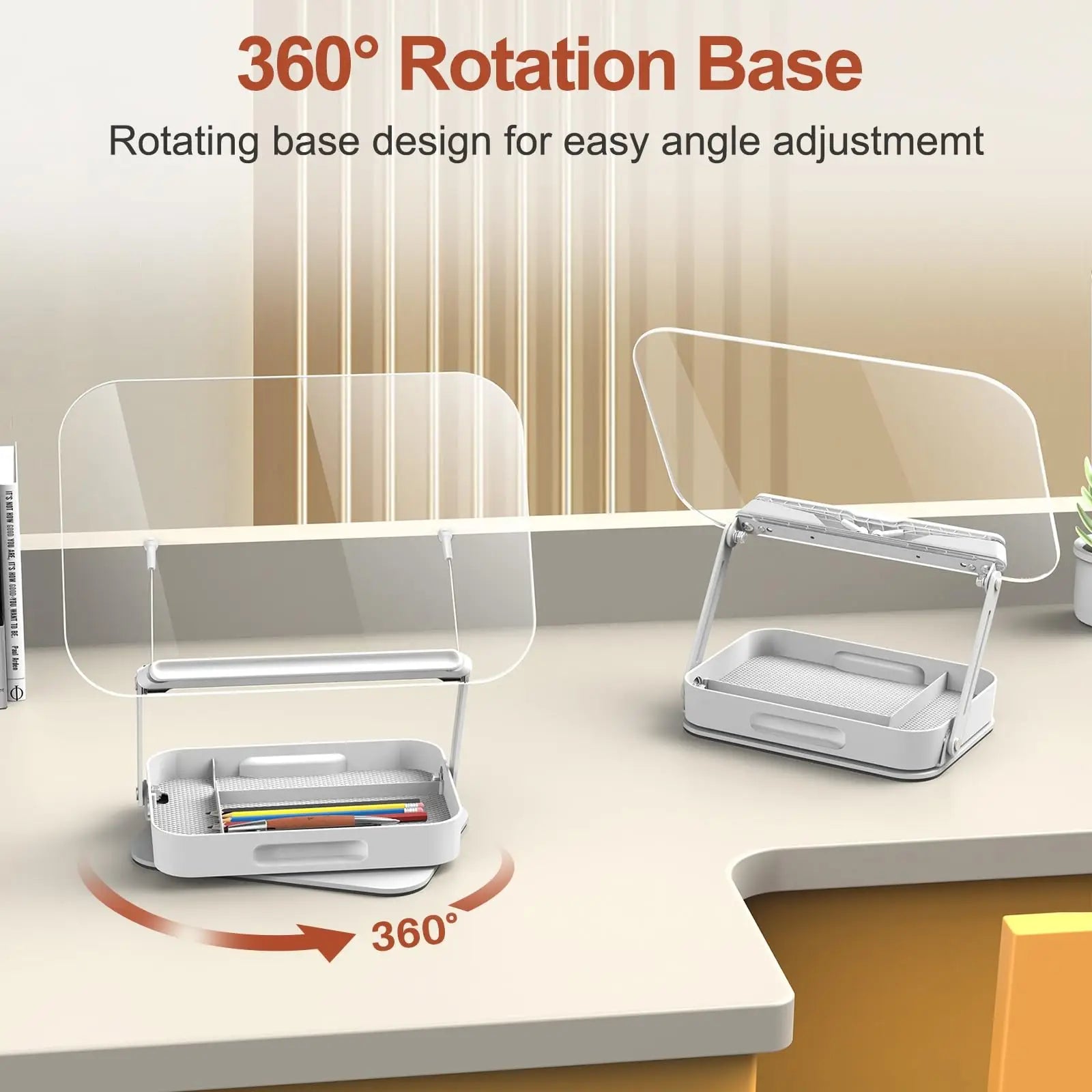 Nuevo soporte acrílico para libros con almacenamiento para lectura, soporte ajustable para libros con base giratoria de 360°, soporte elevador de escritorio plegable