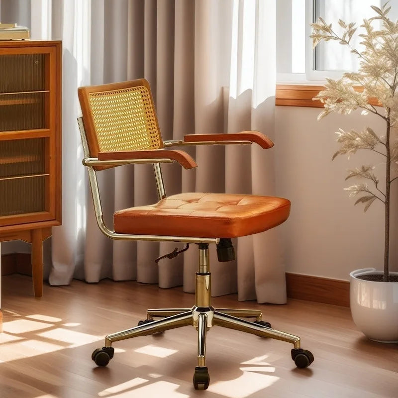 Silla de oficina de ratán de madera maciza, silla de ratán retro estilo celebridad de internet, silla de ordenador, silla giratoria elevable para el hogar, silla de estudio para estudiantes
