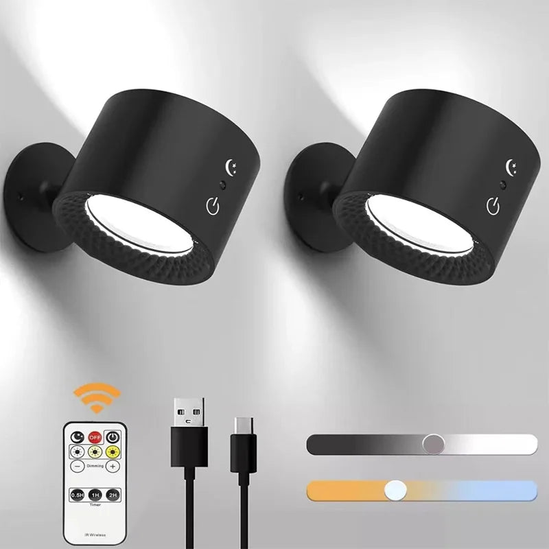 Lámpara de pared LED de doble cabezal, control táctil remoto, giratoria 360°, recargable USB, inalámbrica, portátil, luz nocturna para dormitorio, lámpara de lectura