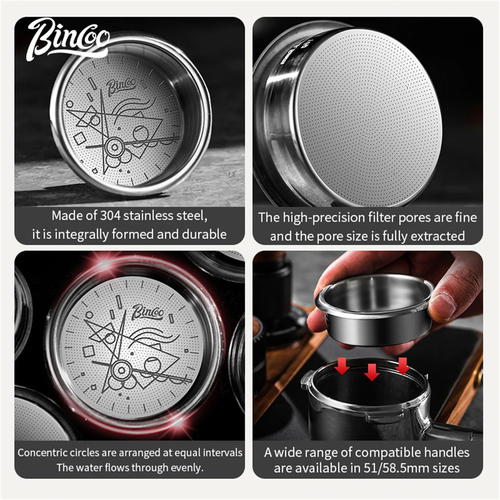 BINCOO Cesta de filtro de alta precisión 51/58.5mm, Cesta de portafiltro 16/18/20g Tazón de polvo de extracción para máquina de espresso Mango de café