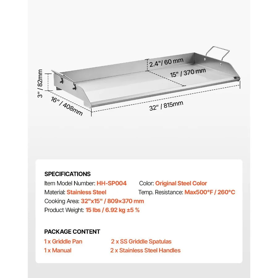 Plancha de acero inoxidable de 32x16 pulgadas, placa rectangular universal para parrilla de gas, barbacoa, Teppanyaki, utensilios de cocina portátiles con asa