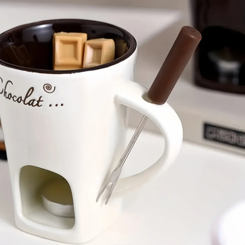Juego de cuencos de cerámica reutilizables resistentes al calor para fondue de chocolate, para helado, queso, regalo de San Valentín, con tenedor, vela no incluida