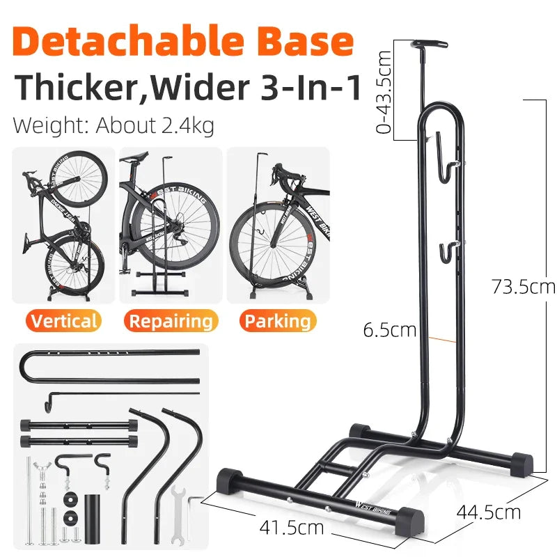 WEST BIKING Soporte de estacionamiento para bicicleta 3 en 1, estante de almacenamiento multifuncional para bicicleta de interior, garaje, soporte de reparación y mantenimiento para MTB y bicicleta de carretera.