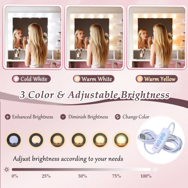 Tocador con Tapa de Cristal y 11 Bombillas, 3 Modos de Iluminación de Color, Tocador de Maquillaje con Acabado Rosa