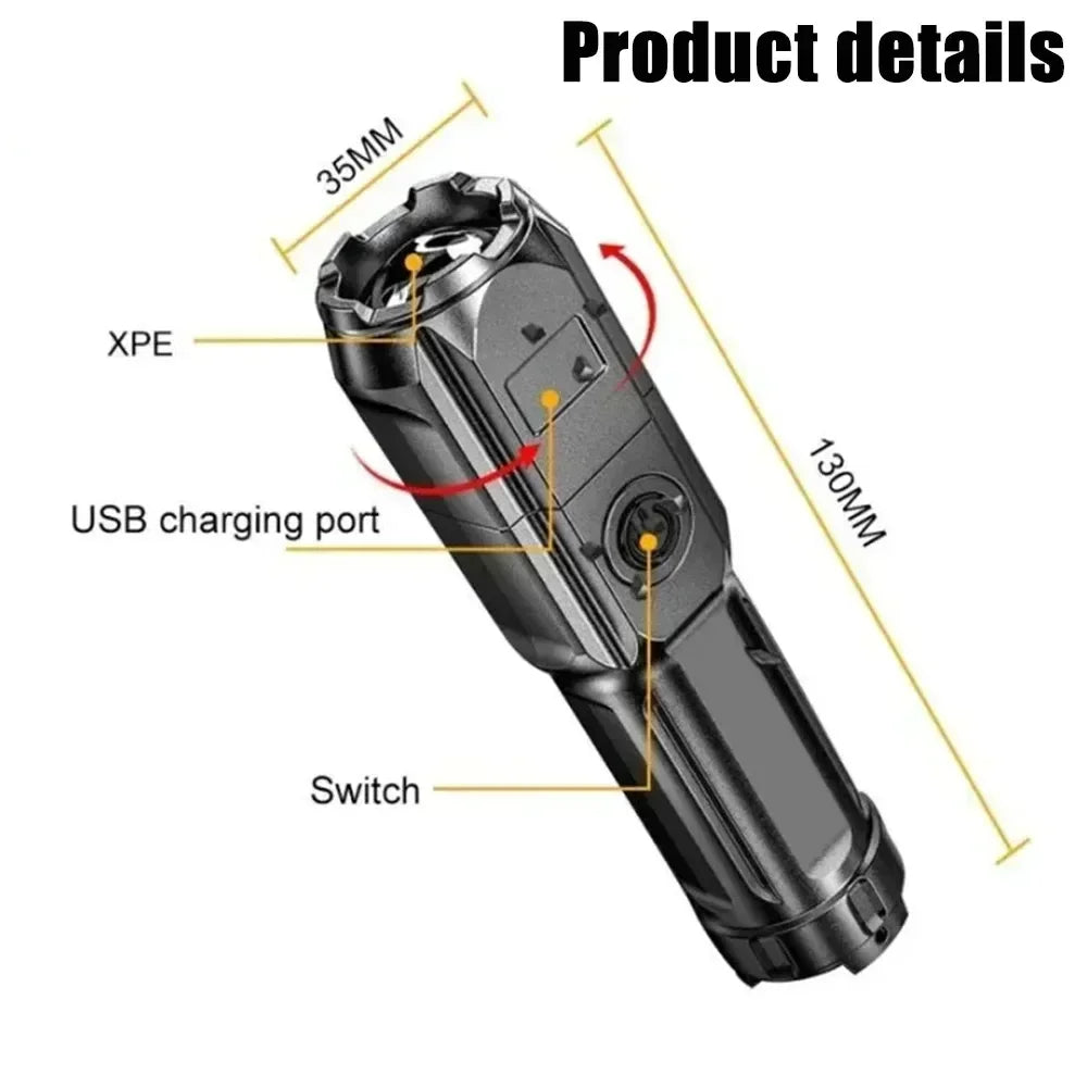 Linterna LED potente de 100000 lúmenes recargable USB 18650 impermeable con zoom para pesca, caza, linterna táctica de material ABS