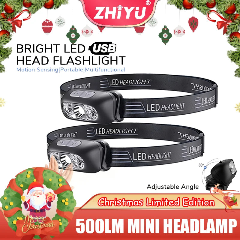Linterna frontal de 500 lúmenes recargable por USB, sensor de movimiento, LED brillante, para correr, pescar, faro, luz con sensor infrarrojo
