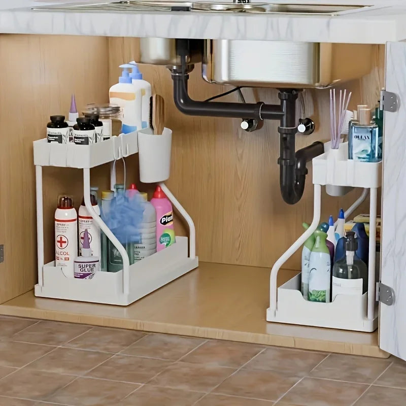 Organizador de dos niveles para debajo del fregadero que ahorra espacio, caja de almacenamiento extraíble, organizador de cajones esencial para cocina y baño, duradero y de gran capacidad