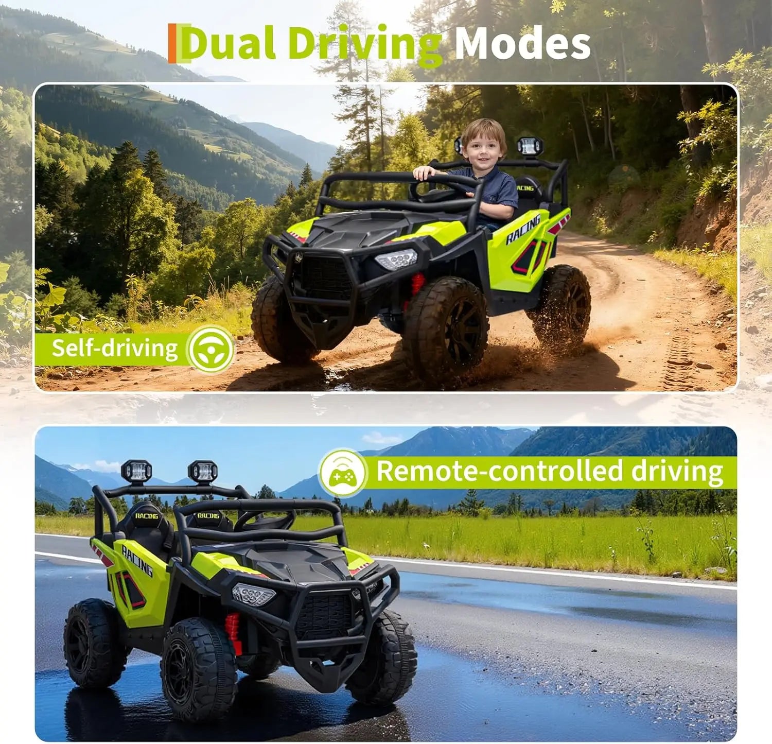 Coche Eléctrico UTV de 24V con 2 Plazas y Control Remoto, Suspensión en 4 Ruedas, Arranque Suave, 3 Velocidades, Luces LED, Bluetooth, 3-8 Años