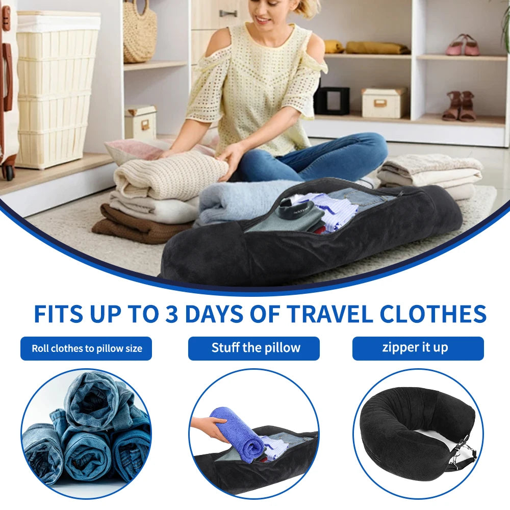 Almohada de viaje para cuello con funda en forma de U rellenable con ropa, bolsa de almacenamiento adicional, funda de almohada de terciopelo para viajes en avión
