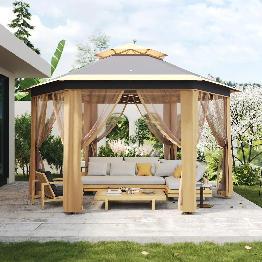 Cenador desplegable de 13x13 pies, tienda de campaña exterior con mosquitera, techo doble, toldo resistente para patio, jardín.