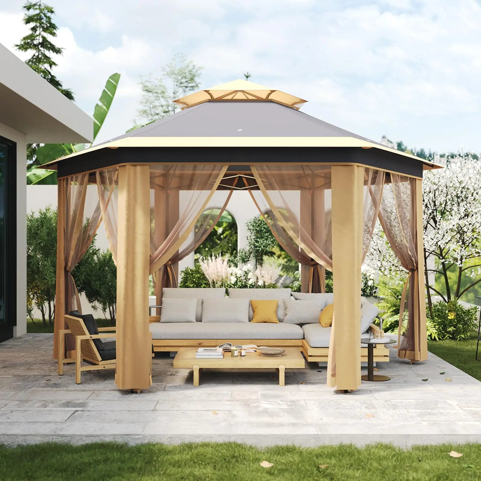 Cenador desplegable de 13x13 pies, tienda de campaña exterior con mosquitera, techo doble, toldo resistente para patio, jardín.