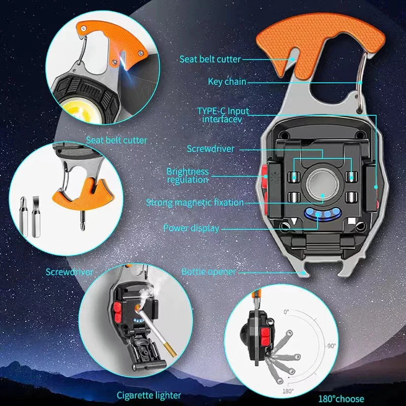 Linternas de trabajo llavero COB, 7 modos de iluminación, luces multifunción recargables, cortador de cinturón de seguridad, destornillador, silbato