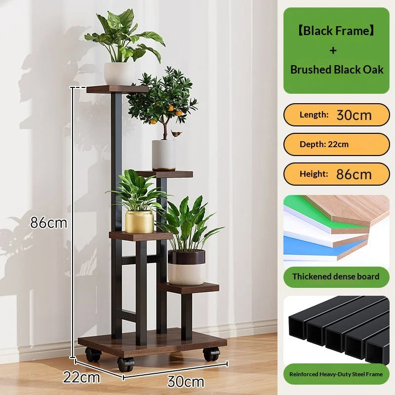 Soporte para plantas móvil de hierro, estante para plantas de varios niveles con ruedas, soporte para macetas, estante para plantas para balcón, sala de estar, interior y exterior