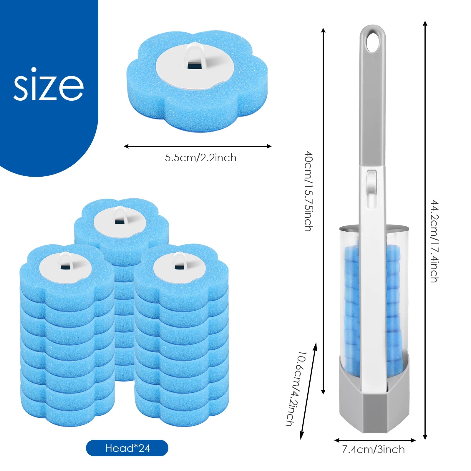 Kit de varita para inodoro, juego de escobilla de baño montado en la pared con 24 cabezales de repuesto, herramienta de limpieza efectiva para el baño 360° para el hogar
