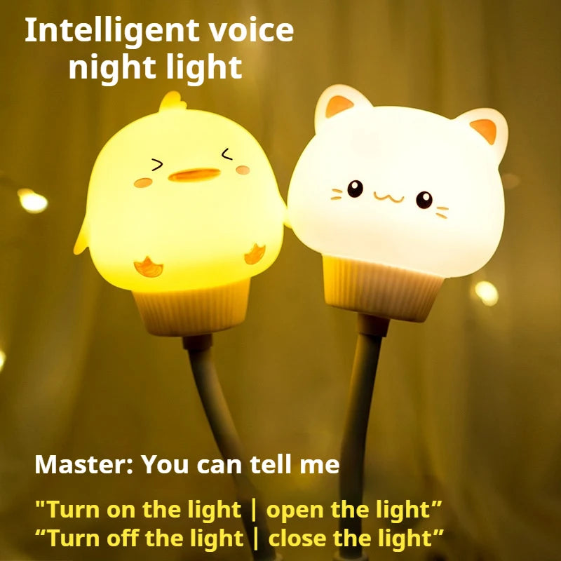 USB Luz de noche LED con control de voz, linda lámpara de noche de dibujos animados de oso, gatito con control remoto para decoración de dormitorio de bebé, lámpara de mesita de noche