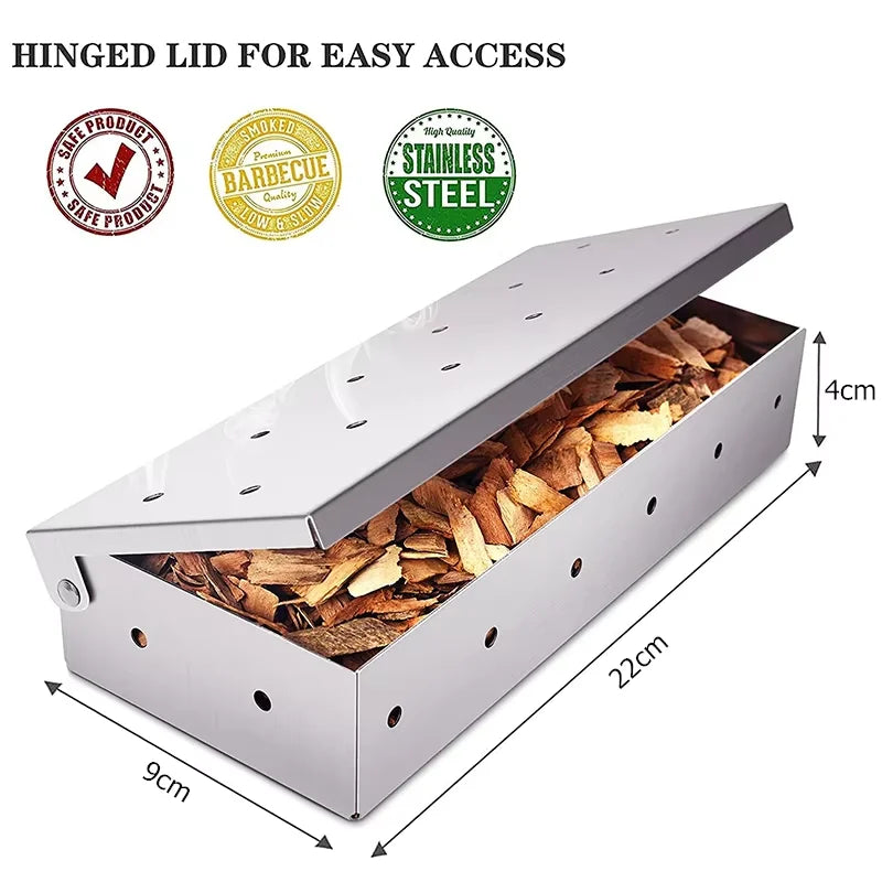 Caja ahumadora para barbacoa, de acero inoxidable, caja ahumadora de astillas de madera con tapa con bisagras, caja de humo resistente para barbacoa de carbón YY224
