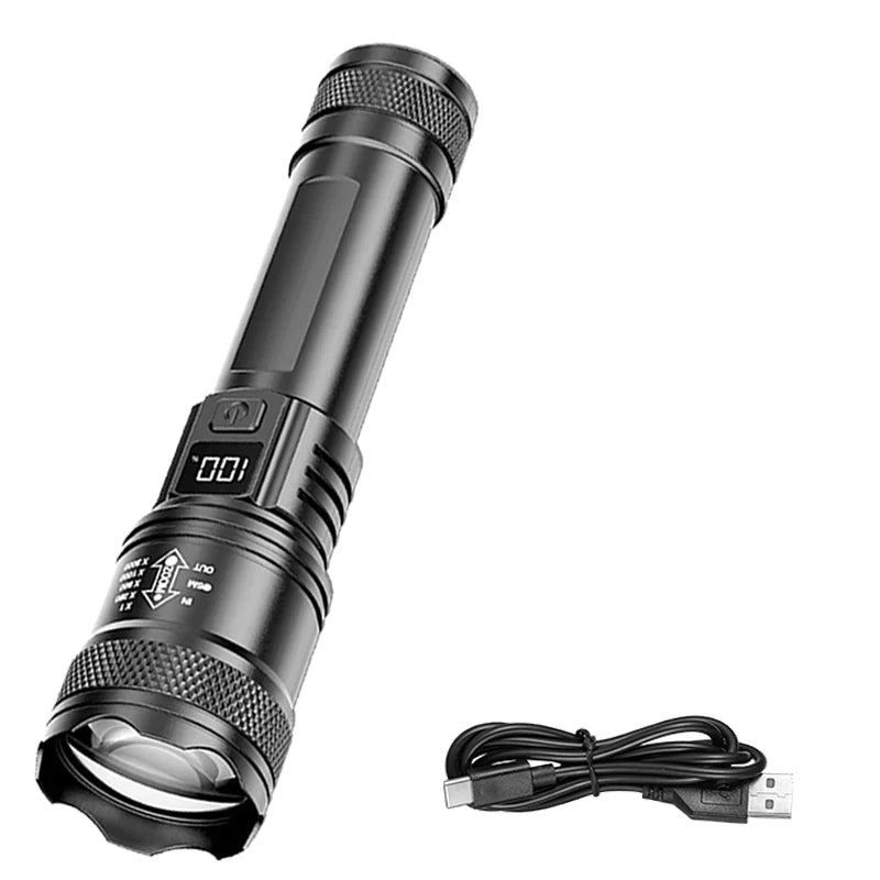 Linterna LED Recargable con Zoom y Pantalla LCD 3 Modos Impermeable Linterna de Mano de Alta Potencia para Camping al Aire Libre
