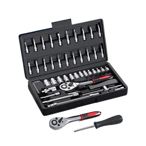 Juego de herramientas de reparación de automóviles de 46 piezas con llave de carraca combinada, caja de herramientas familiares para mantenimiento automotriz y juego de llaves de vaso para vehículos