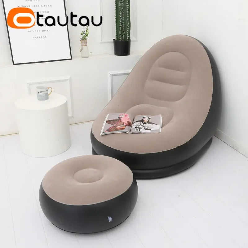 OTAUTAU Tumbona Hinchable con Taburete Otomana Tumbona Reclinable para Exteriores Sofá Portátil para Acampar Silla de Jardín Puf SF029
