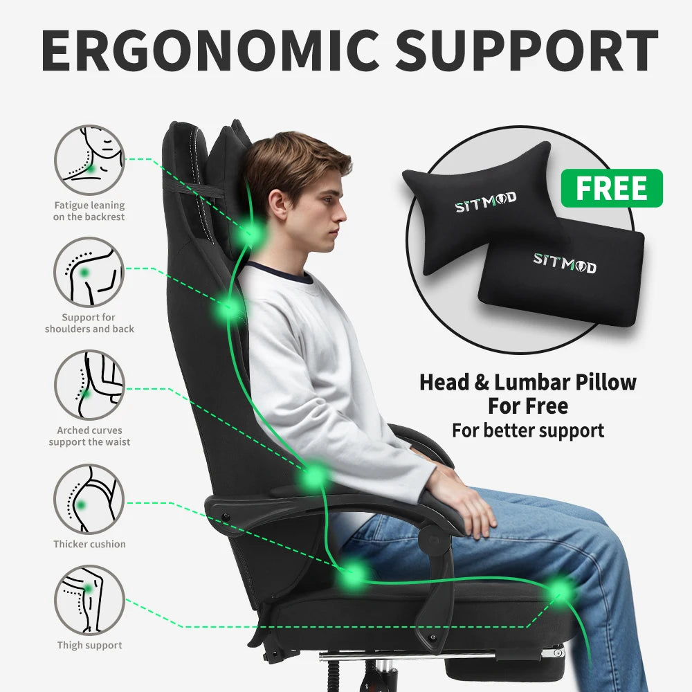 Silla gaming con ajuste de altura y giro de 360° - Silla de ordenador con reposapiés y soporte lumbar, reposacabezas para oficina o gaming