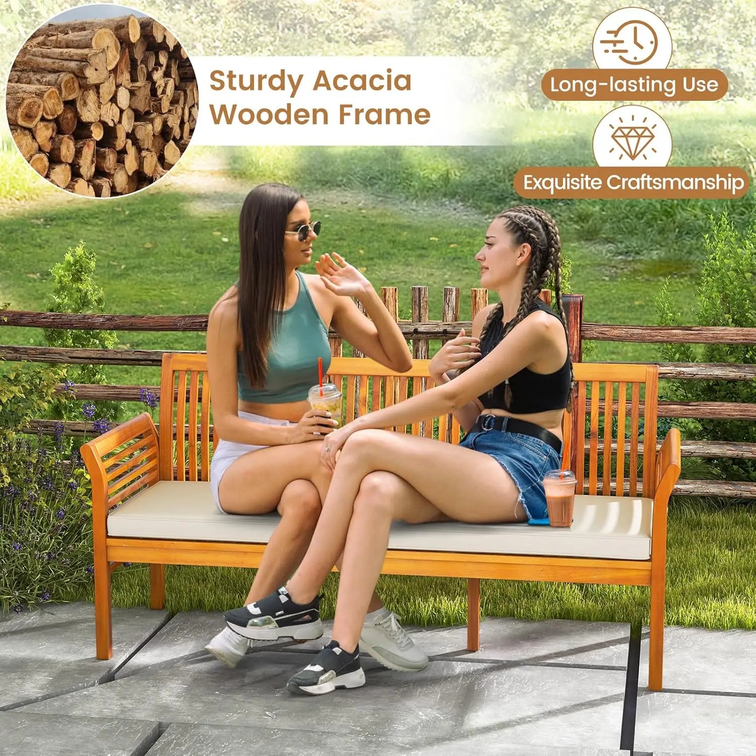 Banco de madera para exteriores con cojín blanco, banco de jardín con reposabrazos curvo y respaldo de listones para patio, parque y porche