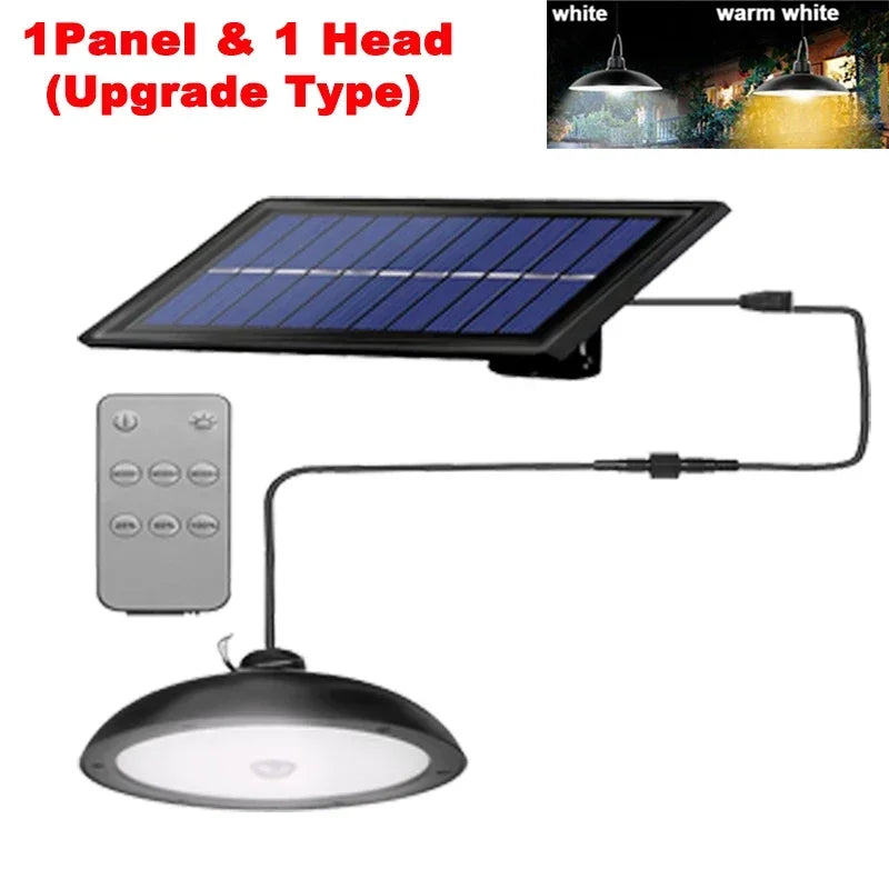 Lámpara colgante de doble cabeza LED solar para exterior, impermeable, con control remoto, para cobertizo interior, granero, tejado