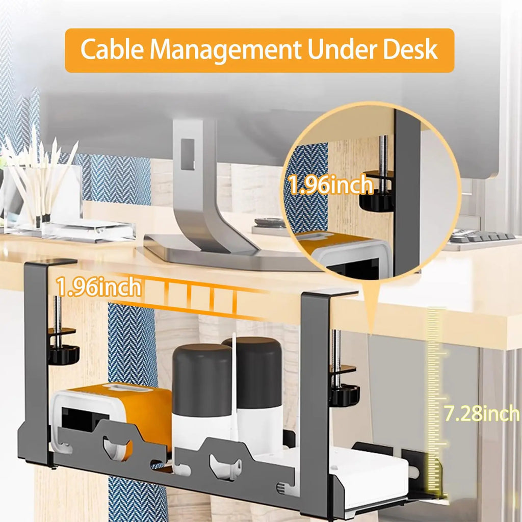 No Drilling Extendable Under Desk Cable Management Metal Cable Tray Under Desk With Clamp Retractable Power Strip Cord Holder
