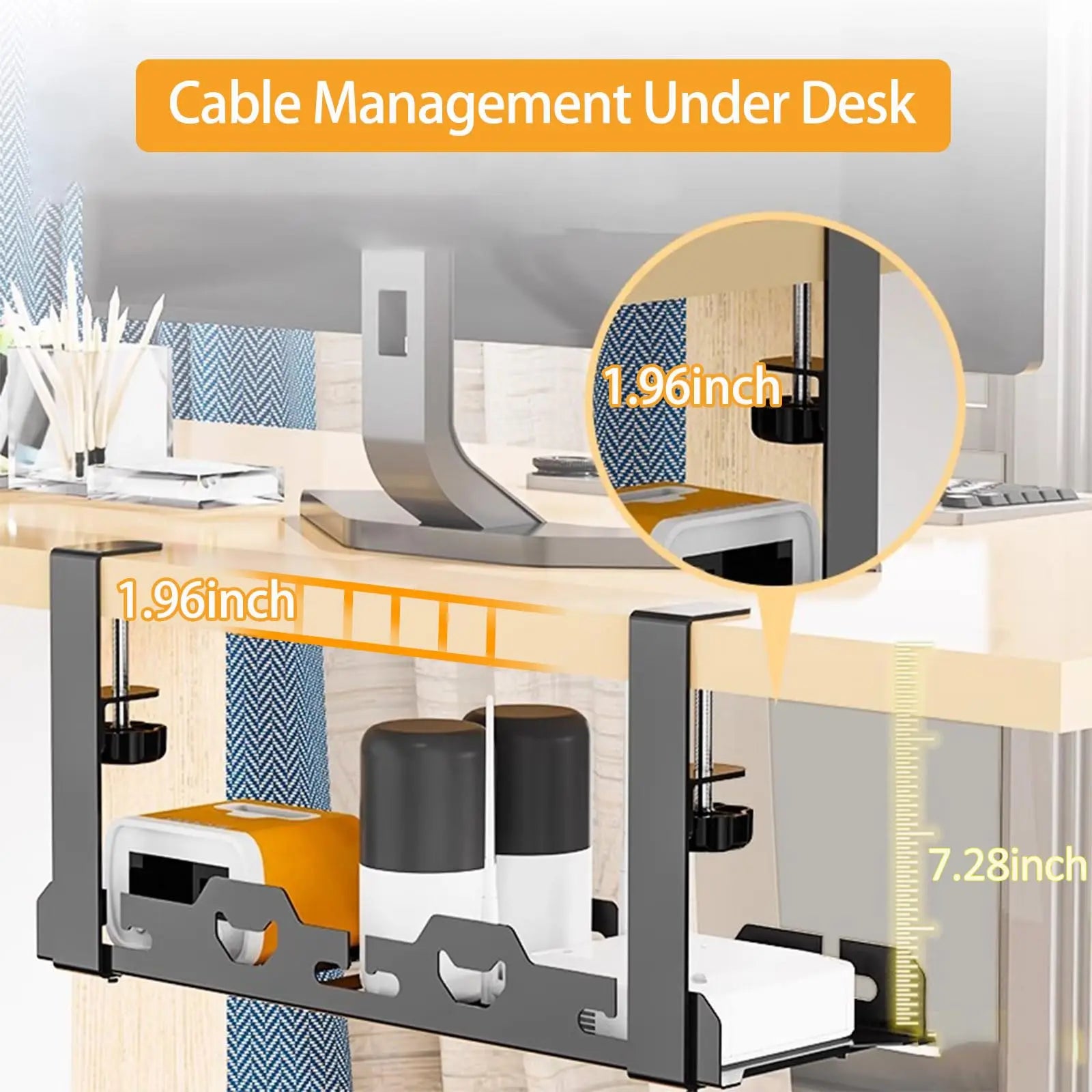 Organizador de cables extensible sin perforaciones para debajo del escritorio, bandeja de cables de metal para debajo del escritorio con abrazadera, soporte retráctil para regletas y cables