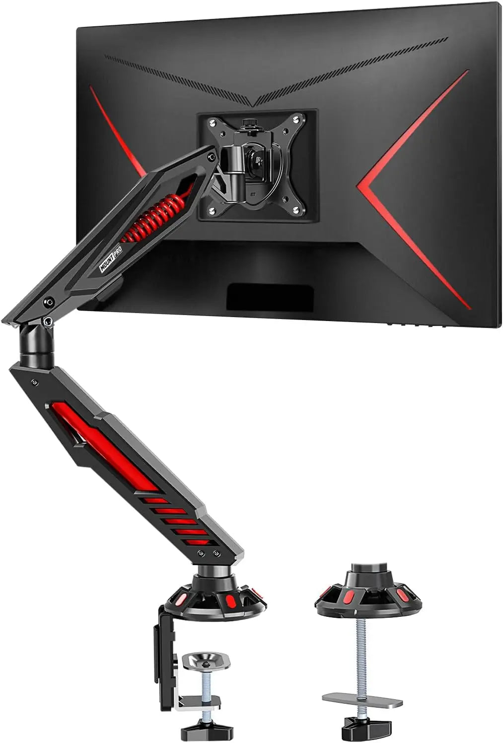 Brazo de monitor ajustable para videojuegos con resorte mecánico, abrazadera en C y base de ojal para pantallas de hasta 32", compatible con VESA