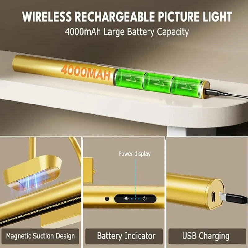 4000 mAh Luz de pintura y retrato con control remoto, lámpara de pared inalámbrica para sala de estar, funciona con batería recargable, para exhibición de arte