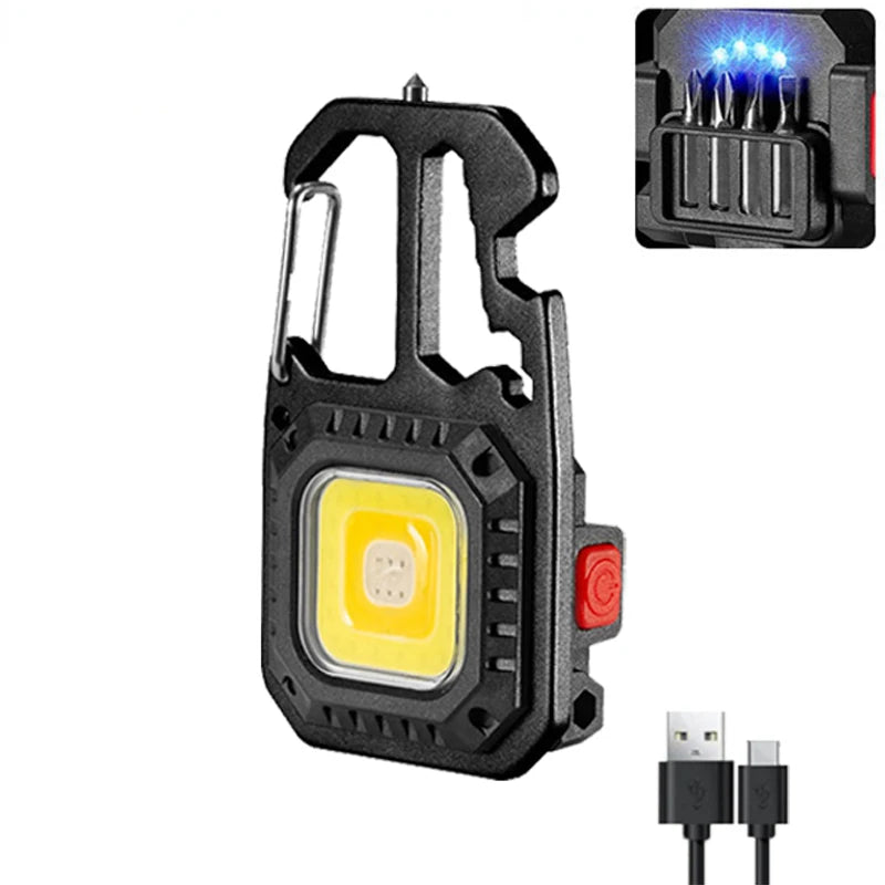 Linterna de trabajo portátil Mini LED tipo llavero Linterna de bolsillo recargable por USB Lámpara de camping al aire libre con martillo rompeventanas abridor de botellas