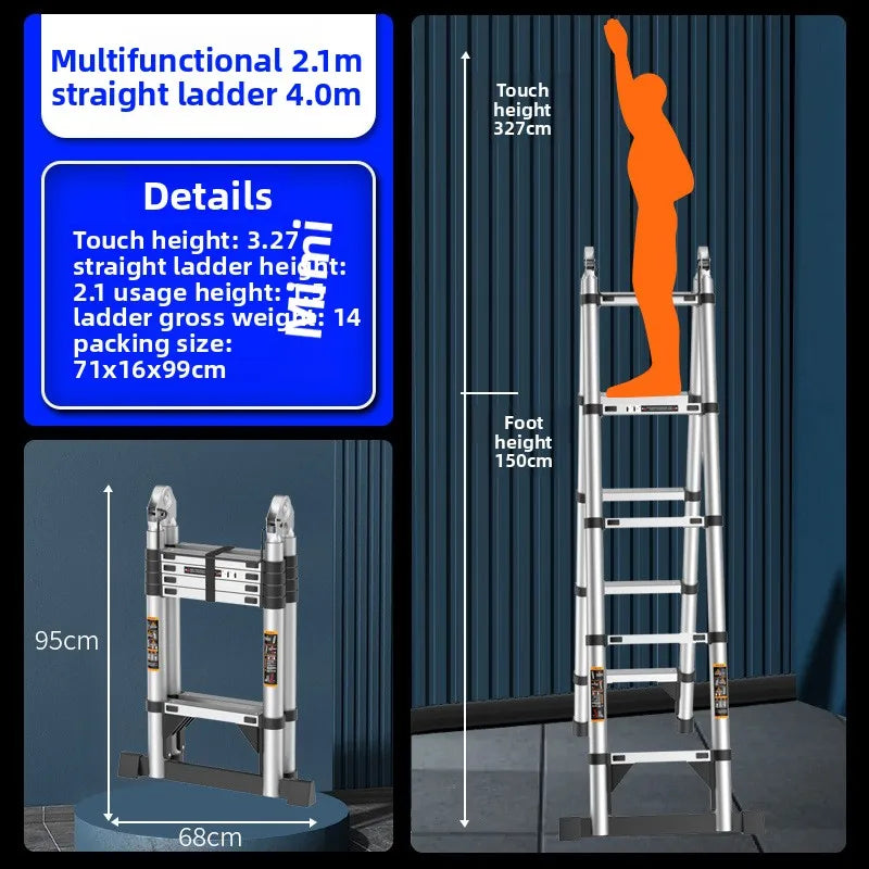 Escalera telescópica de acero inoxidable engrosada, escalera recta plegable tipo espiga, escalera portátil para el hogar