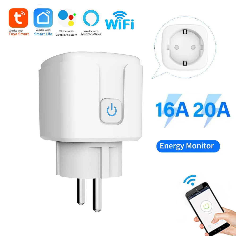 Enchufe inteligente WiFi Tuya 16A/20A UE con función de monitoreo de energía y temporización, aplicación Smart Life, control por voz vía Alexa Google