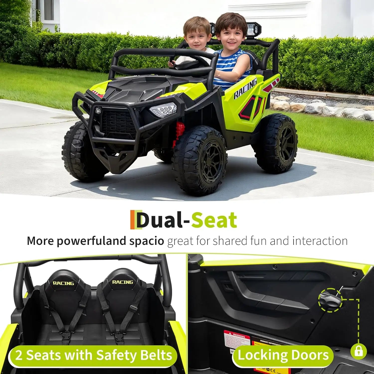 Coche Eléctrico UTV de 24V con 2 Plazas y Control Remoto, Suspensión en 4 Ruedas, Arranque Suave, 3 Velocidades, Luces LED, Bluetooth, 3-8 Años