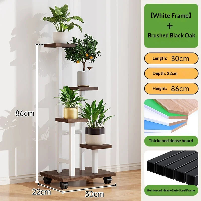 Soporte para plantas móvil de hierro, estante para plantas de varios niveles con ruedas, soporte para macetas, estante para plantas para balcón, sala de estar, interior y exterior