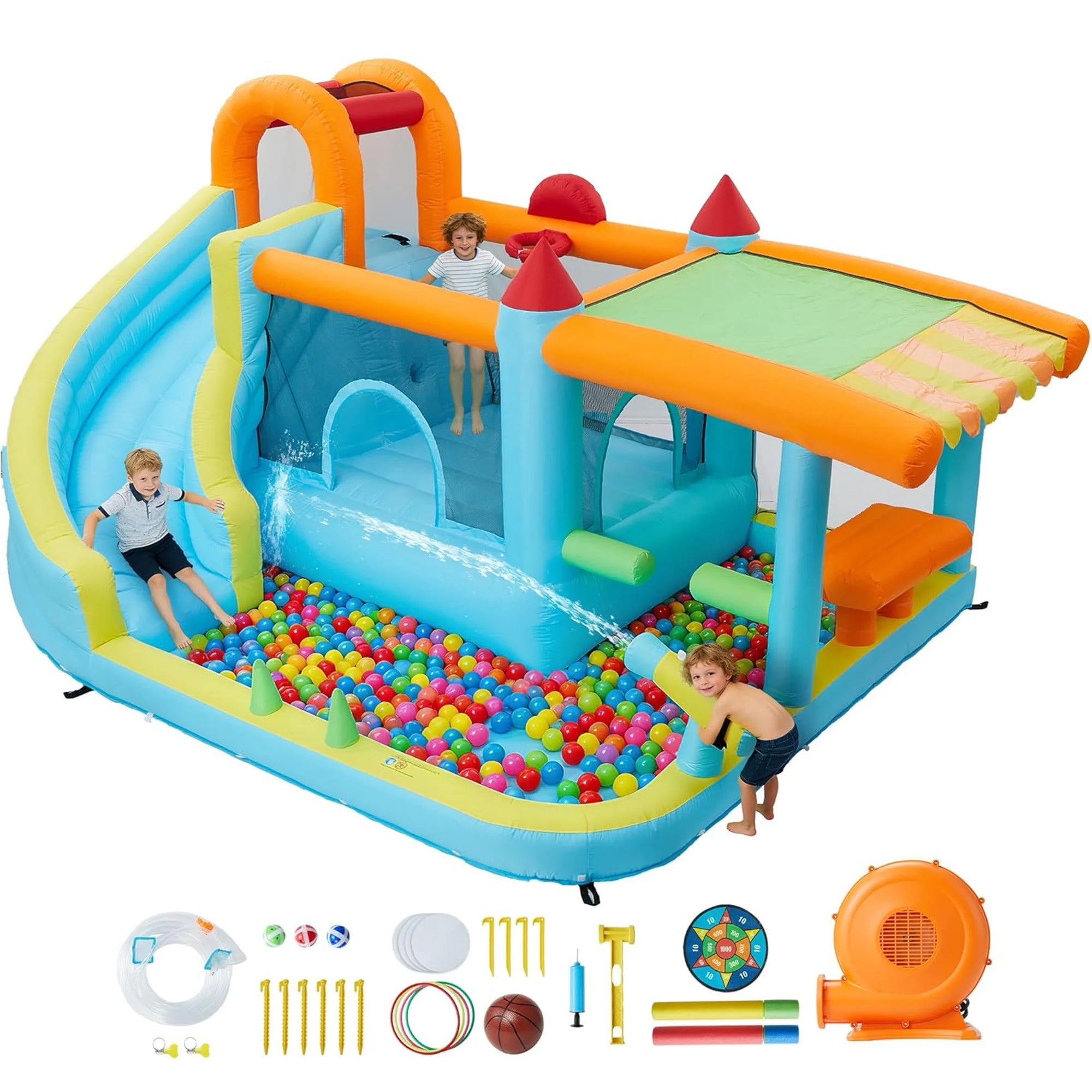 Castillo inflable de 14x10 pies, tobogán acuático húmedo y seco 12 en 1 con soplador de 450 W, castillo hinchable para niños para interior, exterior y jardín