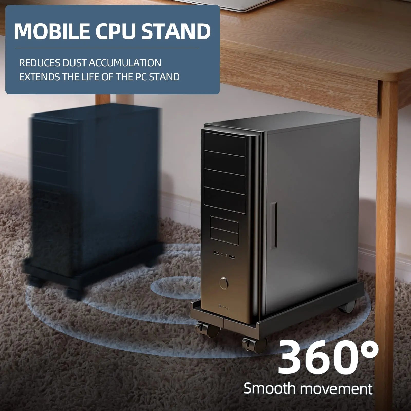Soporte de torre de computadora ventilado, soporte de torre de PC con 4 ruedas giratorias, se adapta a la mayoría de PC, soporte de CPU debajo del escritorio, carrito de piso para PC, elevador de PC