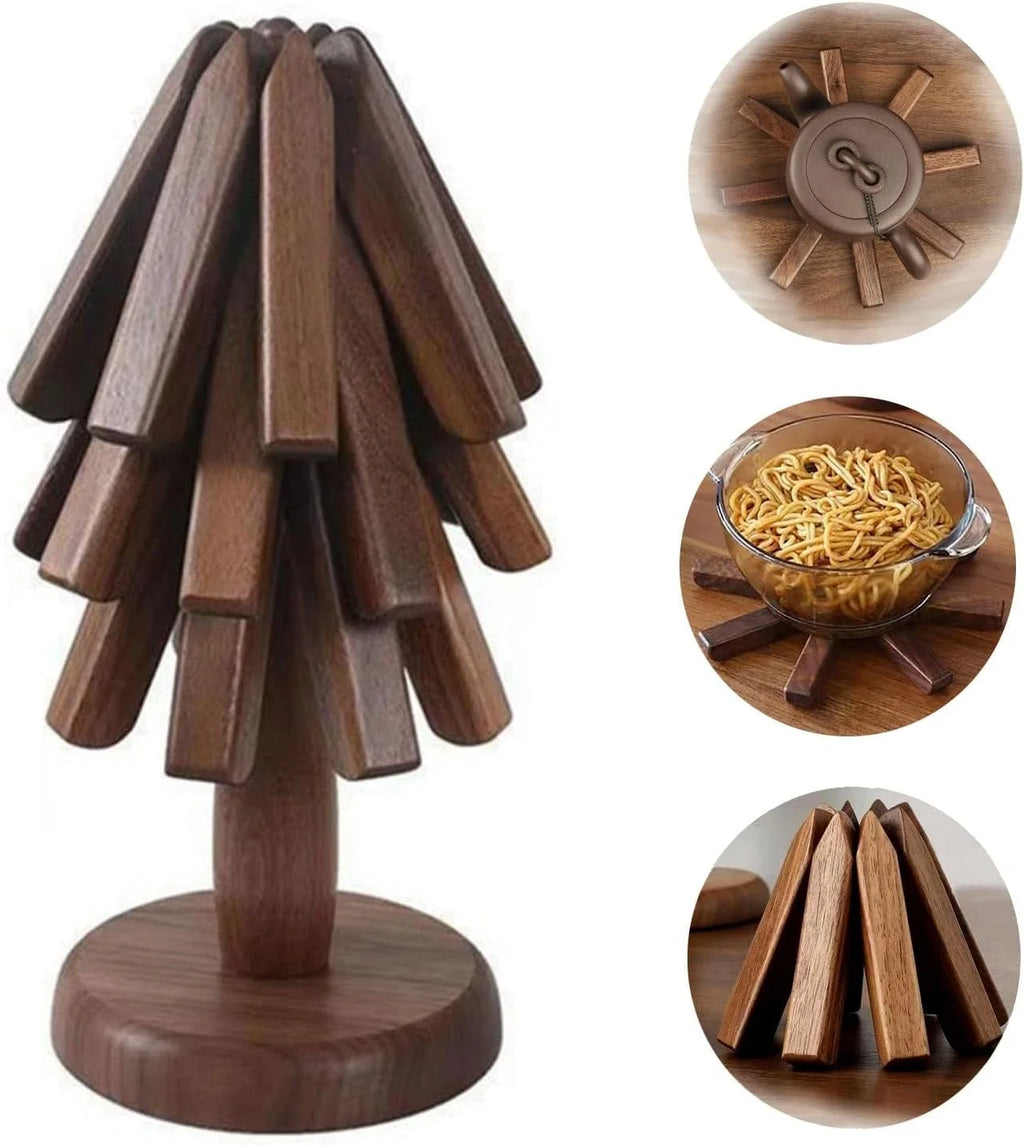 Wooden Trivets for Hot Dishes Folding Tree Shape Black Walnut Table Mat Holders Heat Insulated Pad Set Coasters for Pots