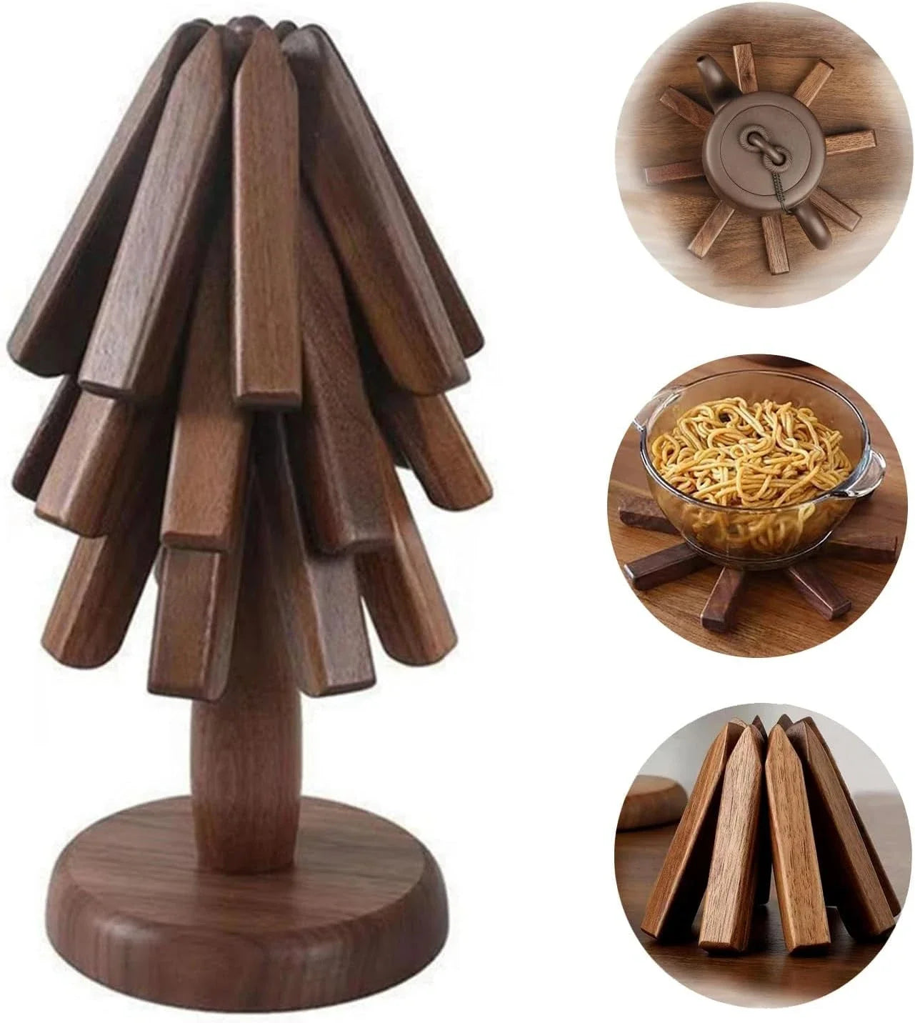 Wooden Trivets for Hot Dishes Folding Tree Shape Black Walnut Table Mat Holders Heat Insulated Pad Set Coasters for Pots