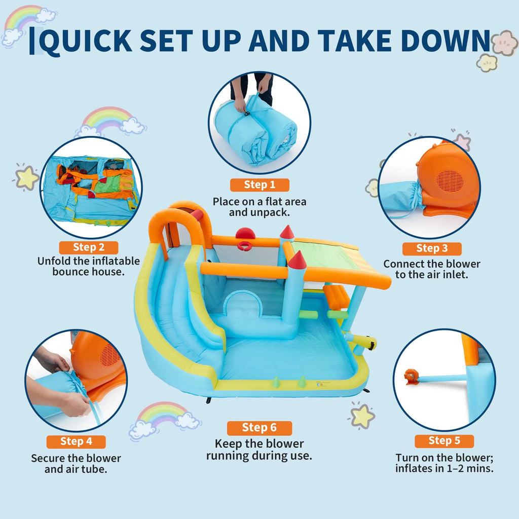 Castillo inflable de 14x10 pies, tobogán acuático húmedo y seco 12 en 1 con soplador de 450 W, castillo hinchable para niños para interior, exterior y jardín