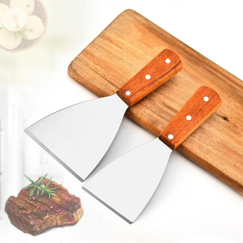 Espátula Oblicua de Acero Inoxidable con Mango de Madera para Carne, Hamburguesas, Panqueques, Pizza, Raspador, Pala, Utensilios de Cocina para Barbacoa
