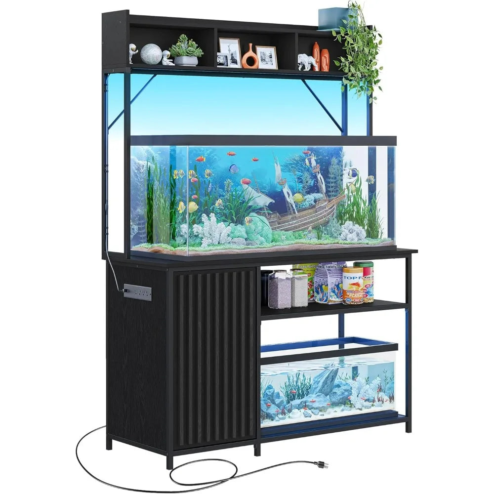 Mueble de 208-340 litros para acuario con luces LED, gabinete estriado para guardar accesorios de pecera, metal de alta resistencia y tomas de corriente