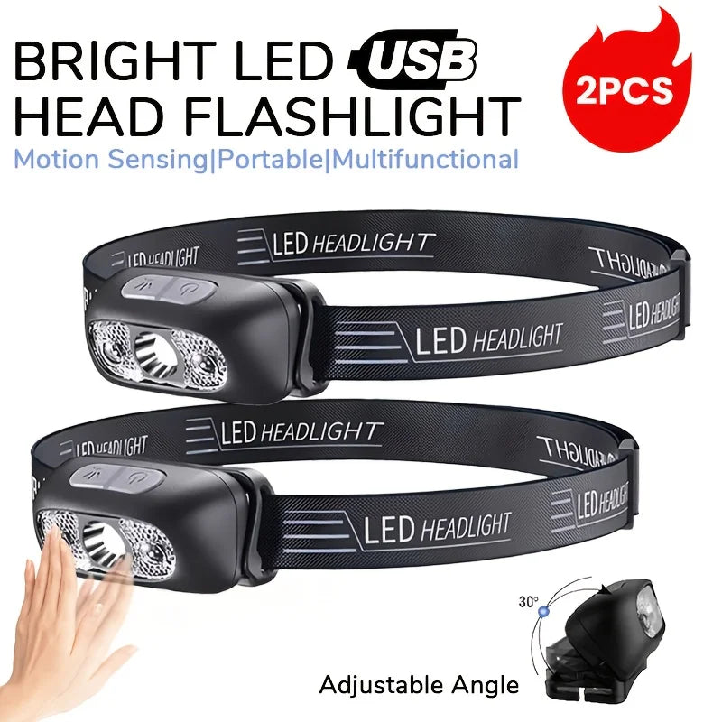 Linterna frontal de 500 lúmenes recargable por USB, sensor de movimiento, LED brillante, para correr, pescar, faro, luz con sensor infrarrojo