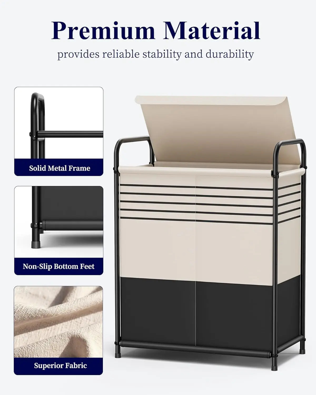Cesto de ropa sucia con doble sección, tapa y bolsas extraíbles, cesta portátil de 120 L para dormitorio, baño, universidad