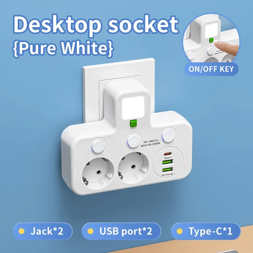 EU Plug AC Outlet Power Strip Multiprise Wall Socket Universal Network Filter USB Cherger Separate Switch Light Adapter
