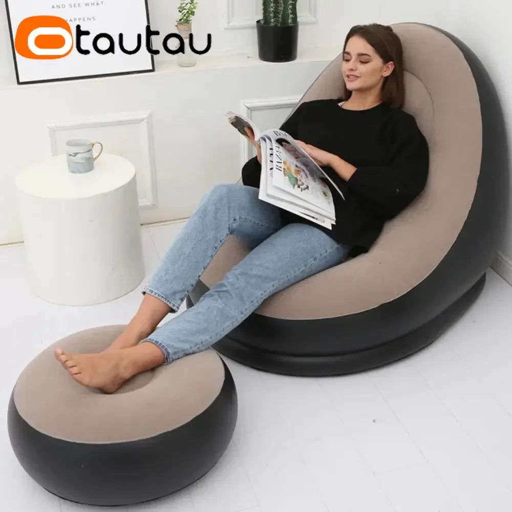 OTAUTAU Tumbona Hinchable con Taburete Otomana Tumbona Reclinable para Exteriores Sofá Portátil para Acampar Silla de Jardín Puf SF029