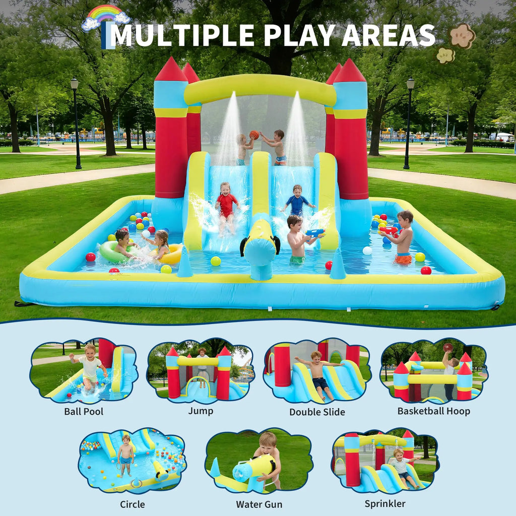 Castillo Hinchable de 15x11 pies con Soplador de 450W, Tobogán de Agua Húmedo y Seco 7 en 1 para Niños, Castillo Saltador para Interiores y Exteriores, Jardín