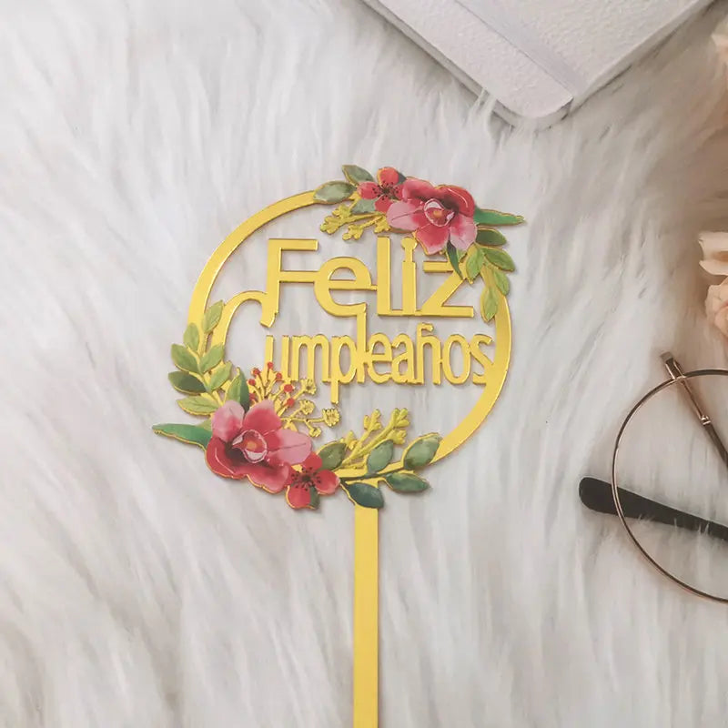 New Spanish Happy Birthday Cake Topper Gold Black Colored Acrylic Birthday Party Cake Toppers for Baby Shower Dessert Decoration